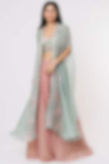 Mint Green Embroidered Cape Set by Yashodhara