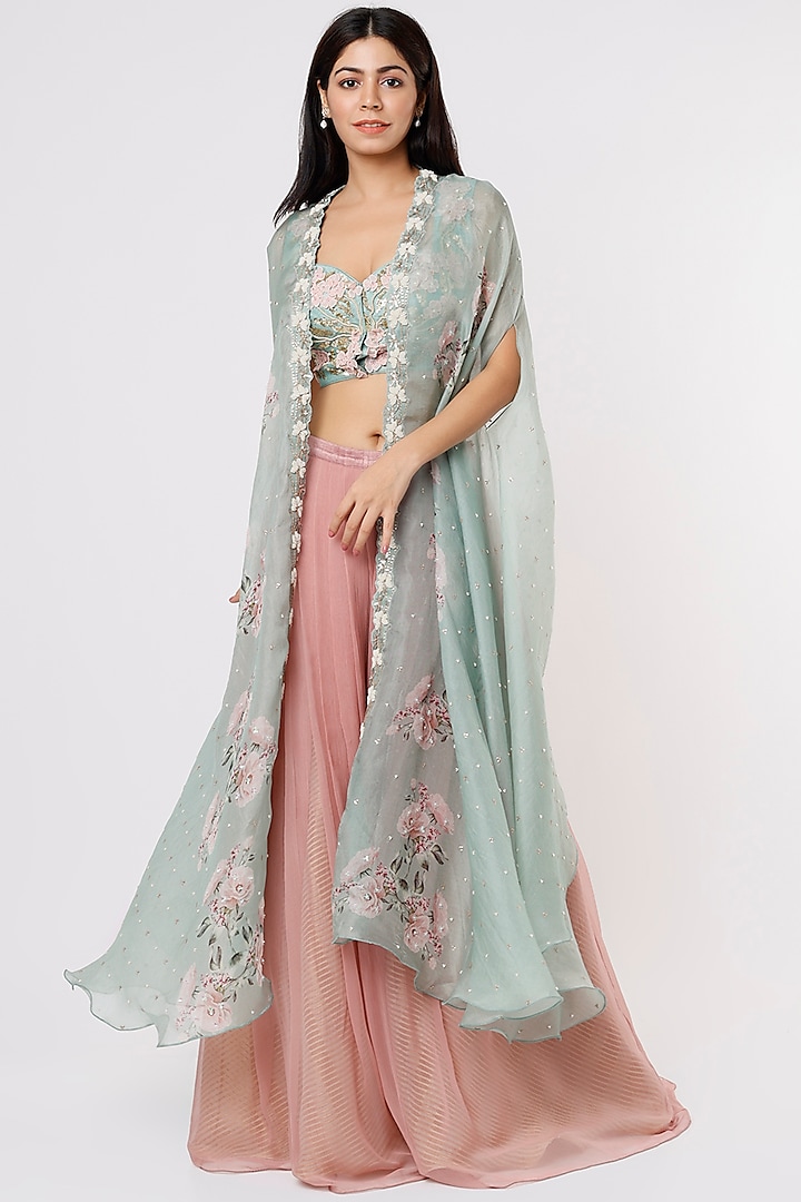 Mint Green Embroidered Cape Set by Yashodhara