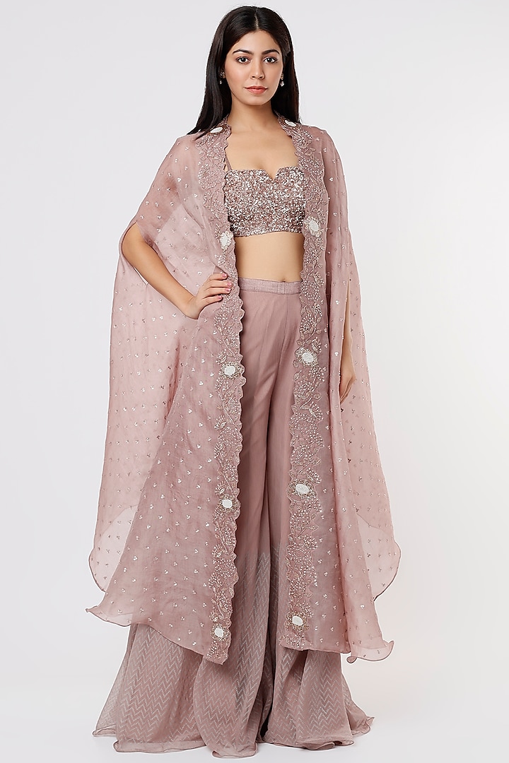 Lavender Embroidered Cape Set by Yashodhara