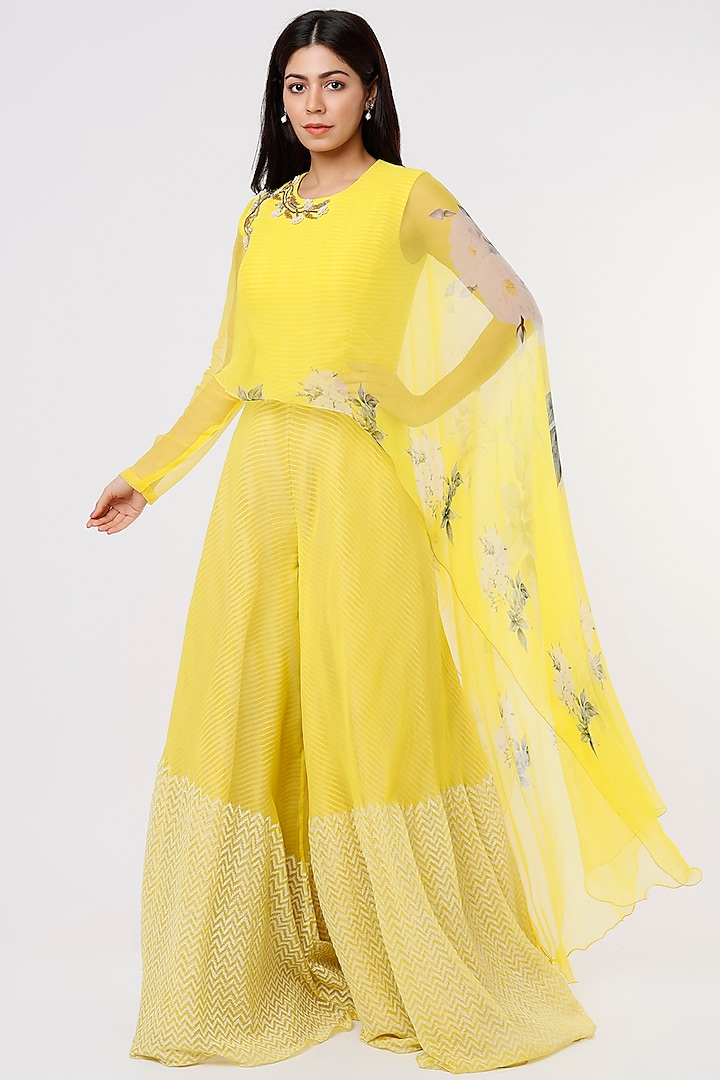 Yellow Printed Jumpsuit With Cape by Yashodhara