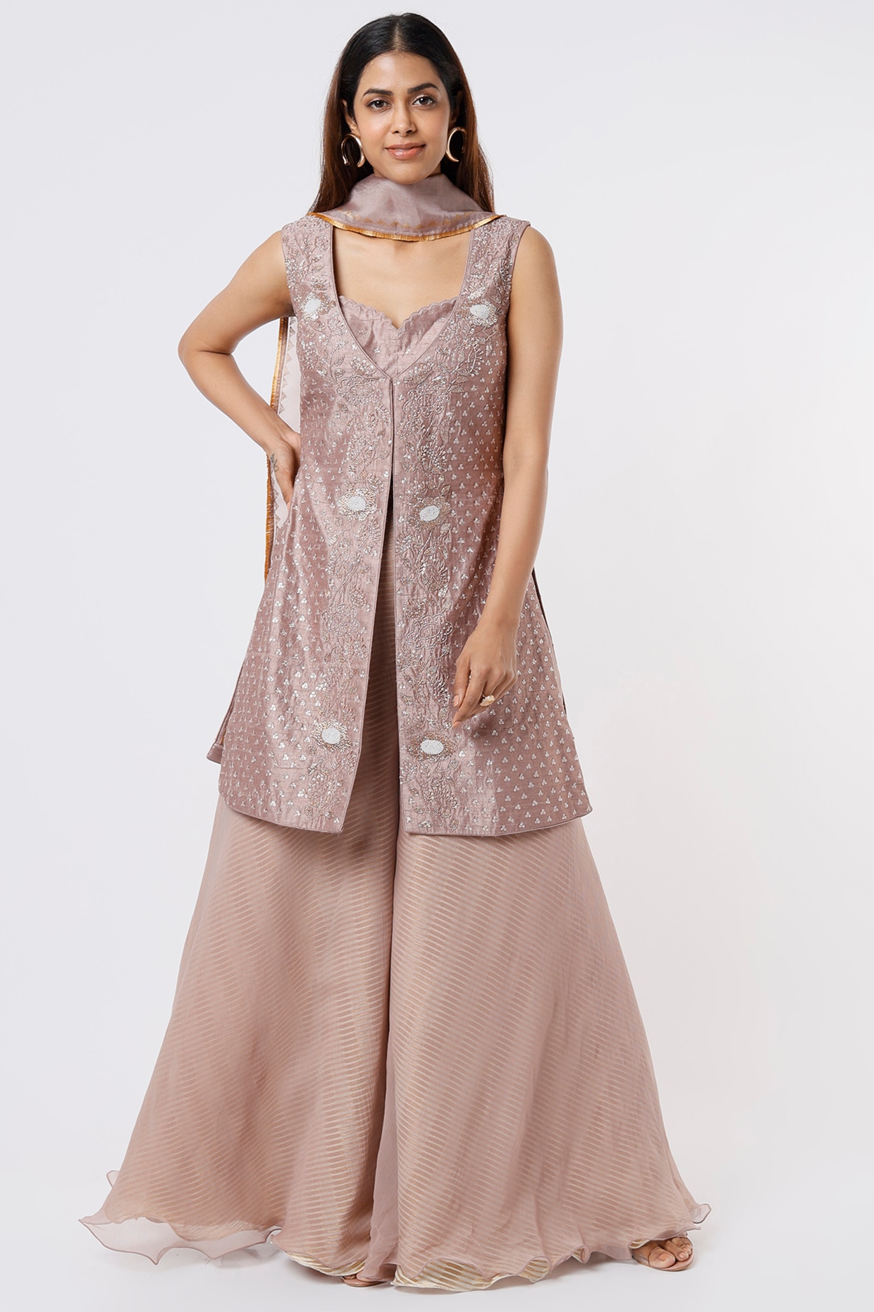 Light Pink Designer Wear Faux Georgette Crop Top And Plazo With Strug –  garment villa