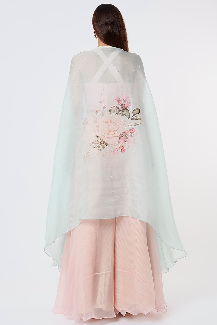 Aqua Blue Chiffon Embroidered Cape Set by Yashodhara at Pernia's Pop Up Shop