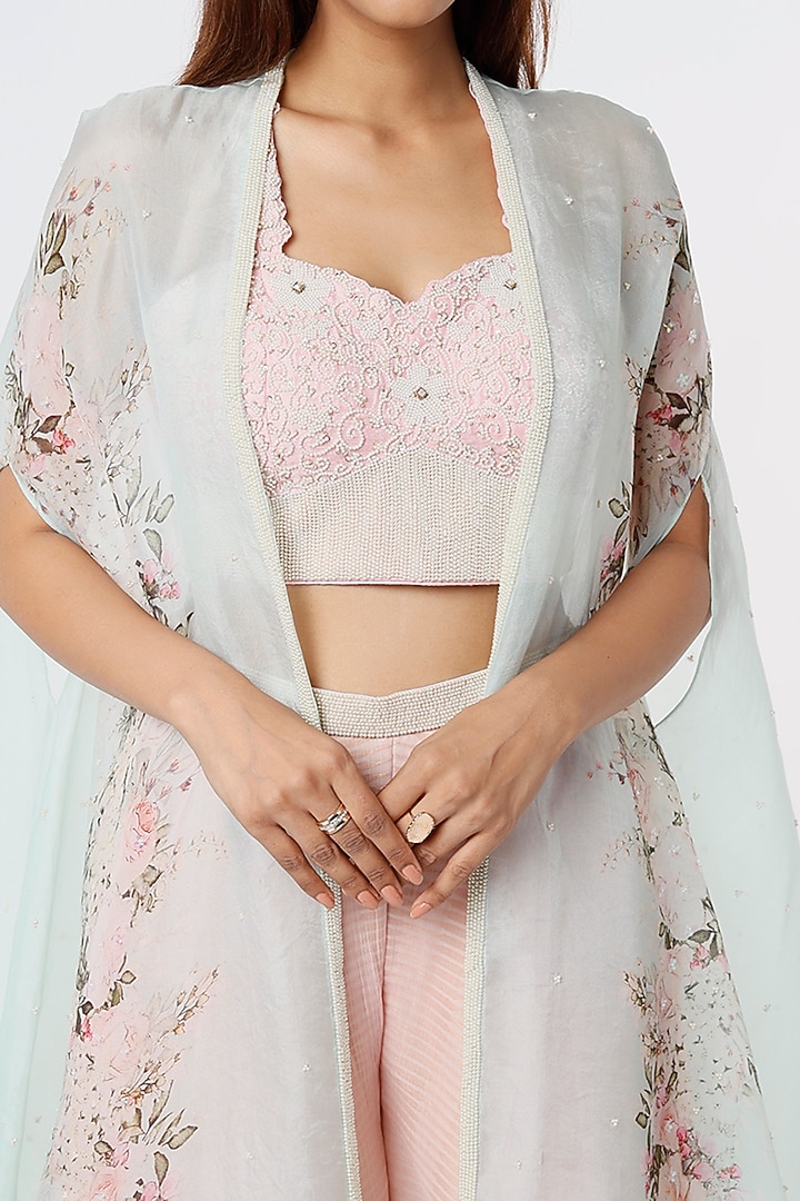 Aqua Blue Chiffon Embroidered Cape Set by Yashodhara at Pernia's Pop Up Shop