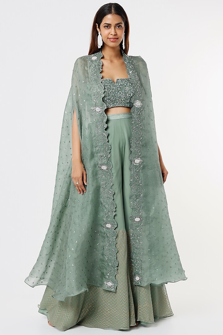 Green Embroidered Cape Set by Yashodhara