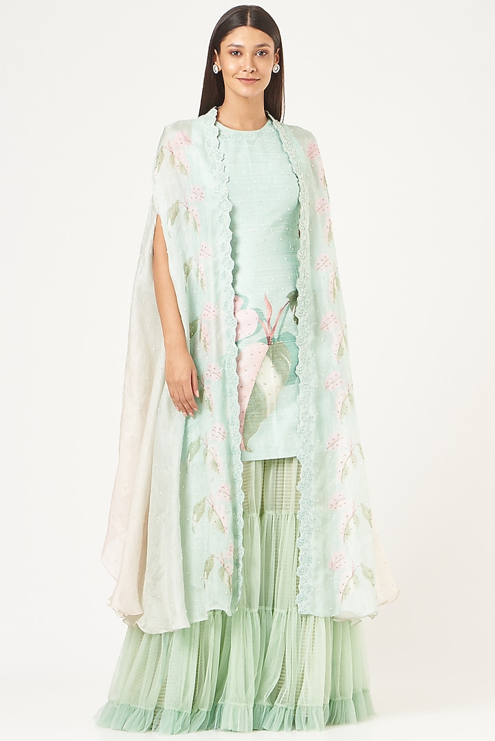 Mint Green Raw Silk Wedding Sharara Set by Yashodhara at Pernia's Pop Up Shop