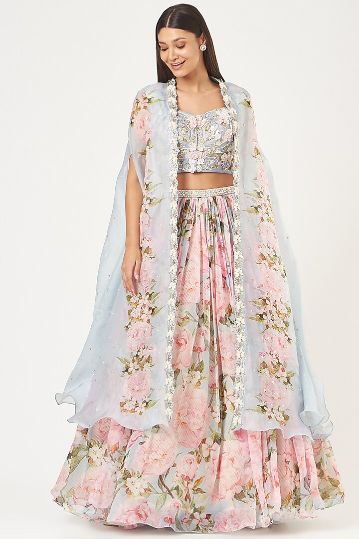 Blue Organza Printed Wedding Lehenga Set by Yashodhara at Pernia's Pop Up Shop