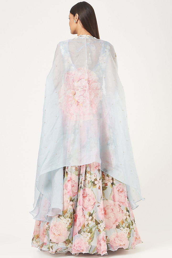 Blue Organza Printed Wedding Lehenga Set by Yashodhara at Pernia's Pop Up Shop