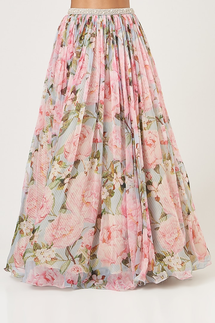 Blue Organza Printed Wedding Lehenga Set by Yashodhara at Pernia's Pop Up Shop