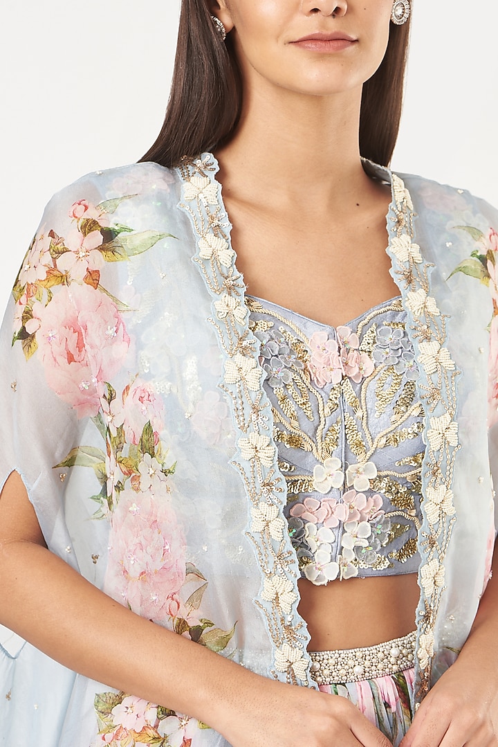 Blue Organza Printed Wedding Lehenga Set by Yashodhara at Pernia's Pop Up Shop