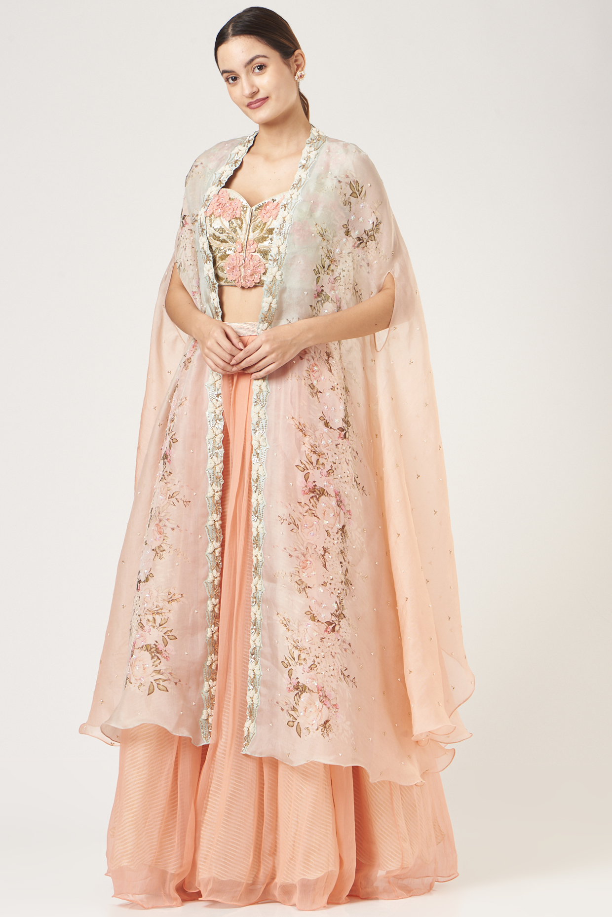 Peach Organza Lehenga Set by Yashodhara