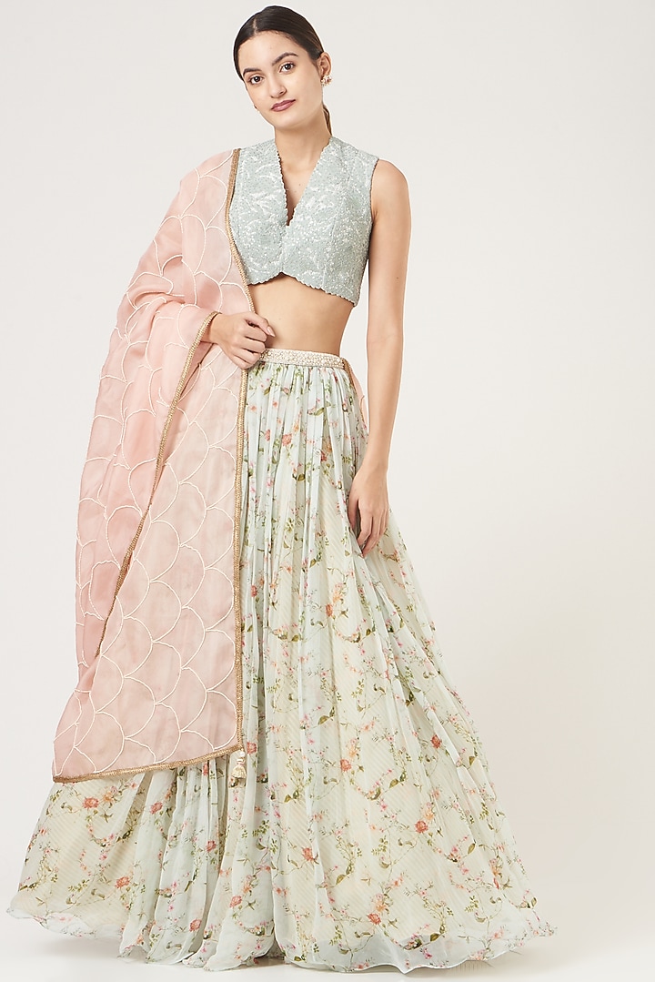 Sky Blue Digital Printed Wedding Lehenga Set by Yashodhara at Pernia's Pop Up Shop