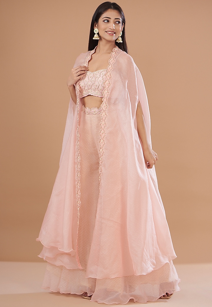 Blush Pink Organza & Raw Silk Embroidered Cape Set by Yashodhara at Pernia's Pop Up Shop