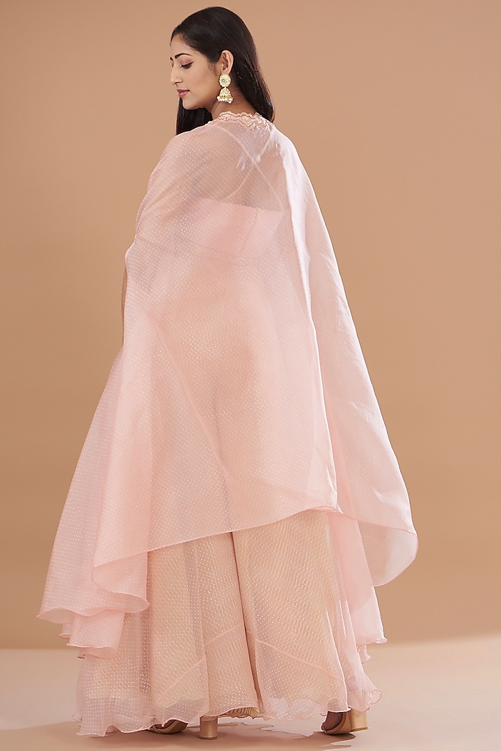 Blush Pink Organza & Raw Silk Embroidered Cape Set by Yashodhara at Pernia's Pop Up Shop