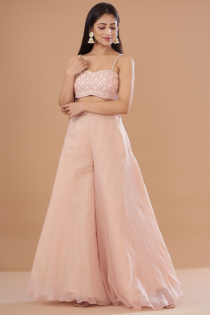 Blush Pink Organza & Raw Silk Embroidered Cape Set by Yashodhara at Pernia's Pop Up Shop