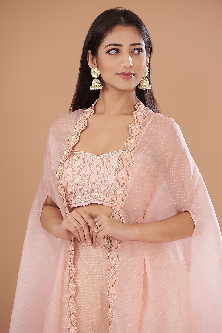Blush Pink Organza & Raw Silk Embroidered Cape Set by Yashodhara at Pernia's Pop Up Shop