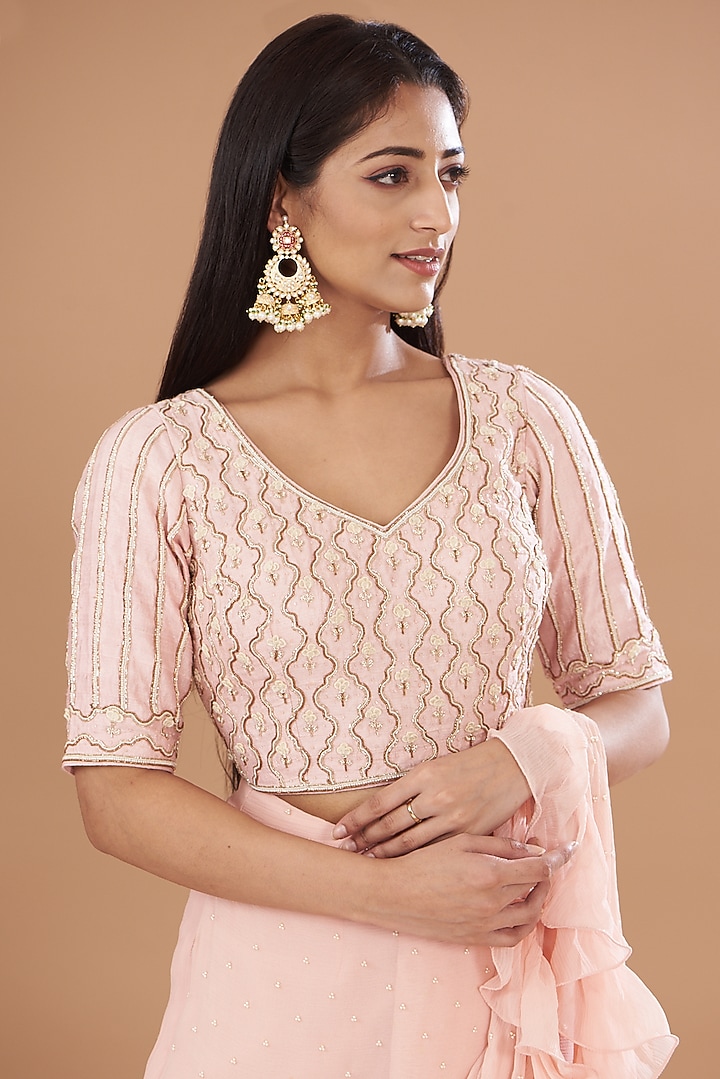 Blush Pink Raw Silk & Chiffon Embroidered Wedding Saree Set by Yashodhara at Pernia's Pop Up Shop
