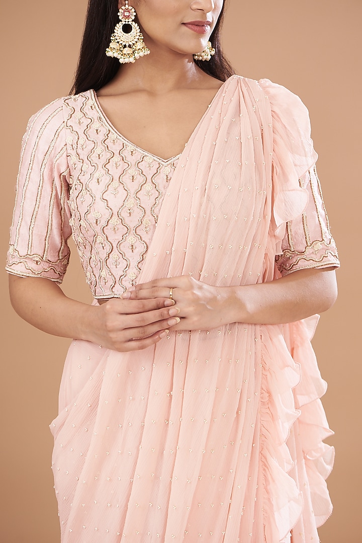 Blush Pink Raw Silk & Chiffon Embroidered Wedding Saree Set by Yashodhara at Pernia's Pop Up Shop