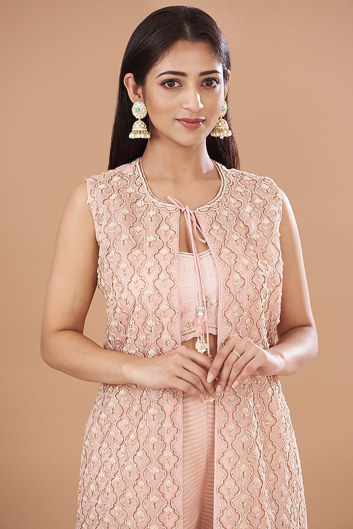 Blush Pink Organza Embroidered Jacket Set by Yashodhara at Pernia's Pop Up Shop