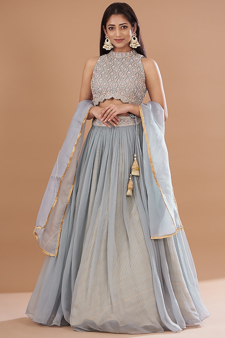 Dull Blue Organza & Chiffon Embroidered Wedding Lehenga Set by Yashodhara at Pernia's Pop Up Shop