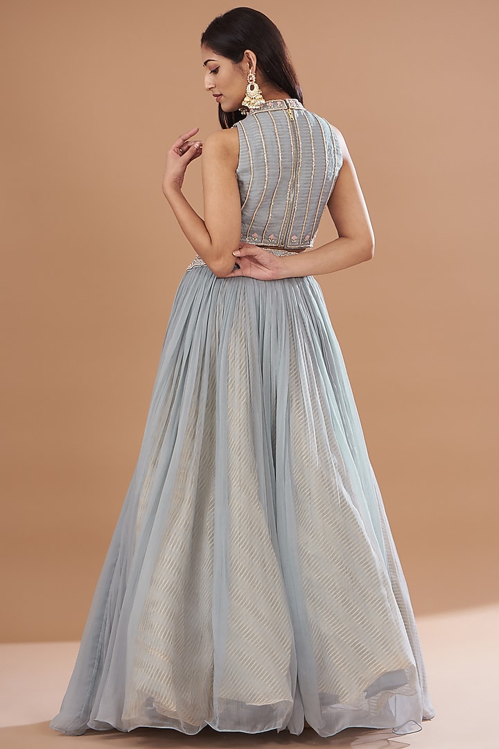 Dull Blue Organza & Chiffon Embroidered Wedding Lehenga Set by Yashodhara at Pernia's Pop Up Shop