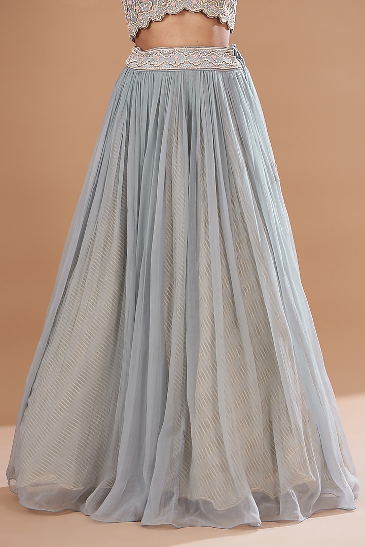 Dull Blue Organza & Chiffon Embroidered Wedding Lehenga Set by Yashodhara at Pernia's Pop Up Shop