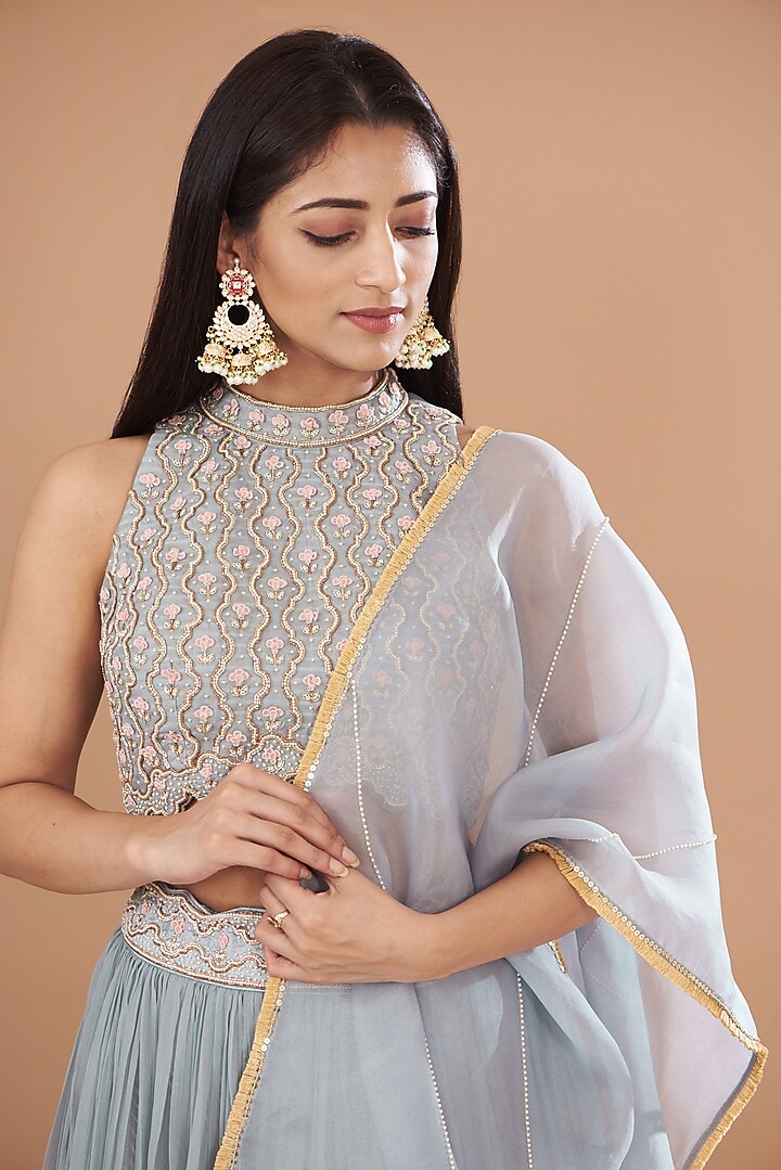 Dull Blue Organza & Chiffon Embroidered Wedding Lehenga Set by Yashodhara at Pernia's Pop Up Shop