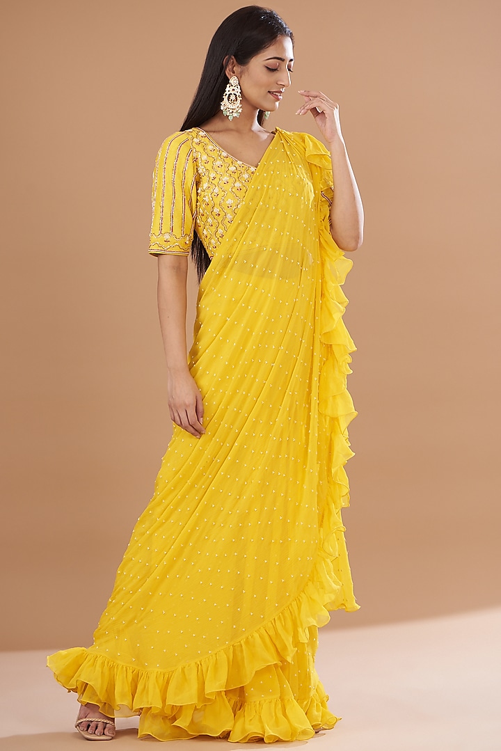 Yellow Raw Silk & Chiffon Embroidered Saree Set by Yashodhara