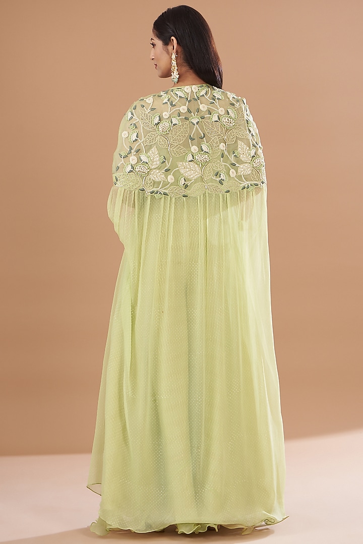Jade Organza & Raw Silk Embroidered Cape Set by Yashodhara at Pernia's Pop Up Shop