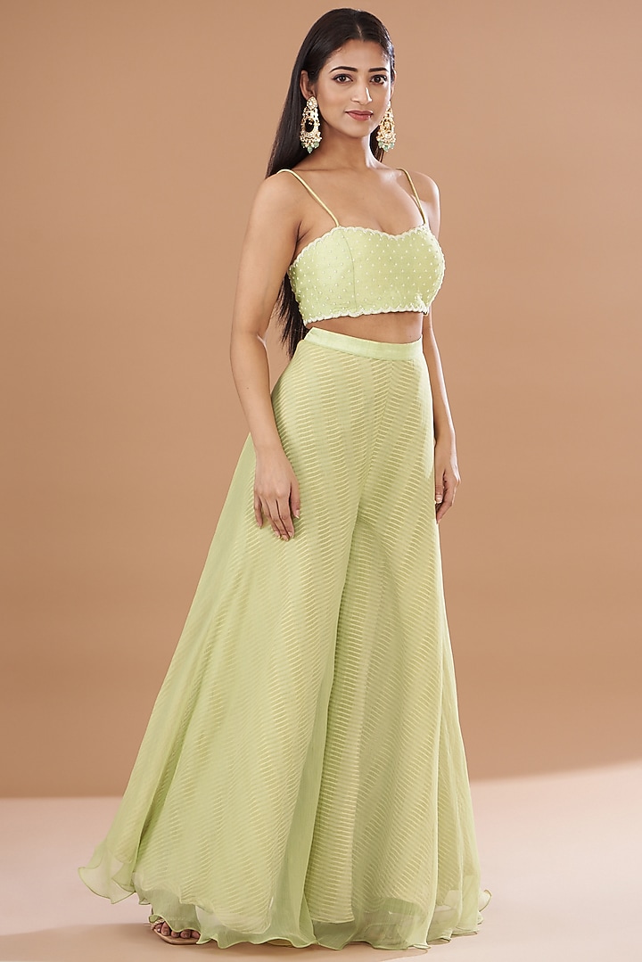 Jade Organza & Raw Silk Embroidered Cape Set by Yashodhara at Pernia's Pop Up Shop