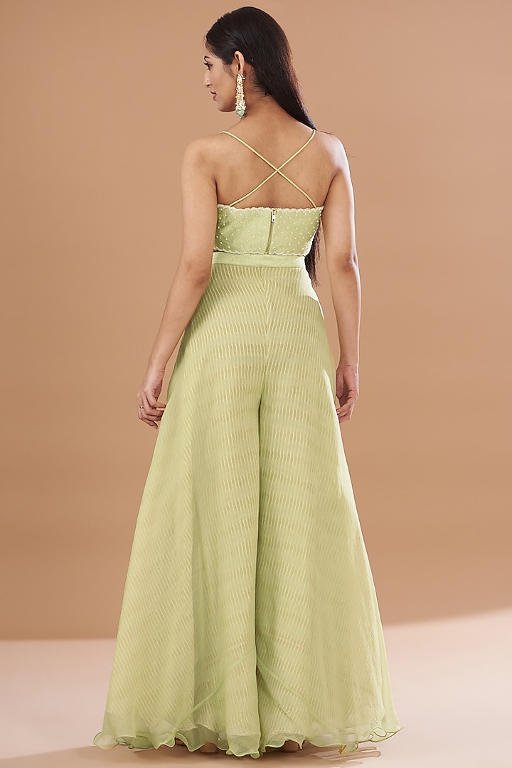 Jade Organza & Raw Silk Embroidered Cape Set by Yashodhara at Pernia's Pop Up Shop