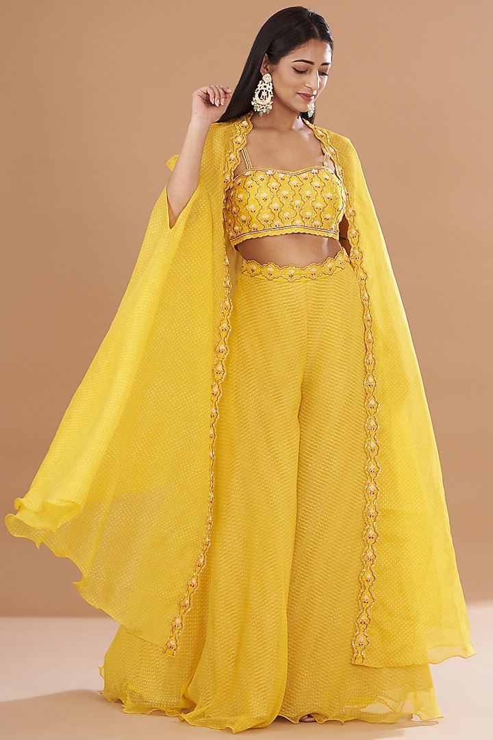 Yellow Organza & Raw Silk Embroidered Cape Set by Yashodhara at Pernia's Pop Up Shop