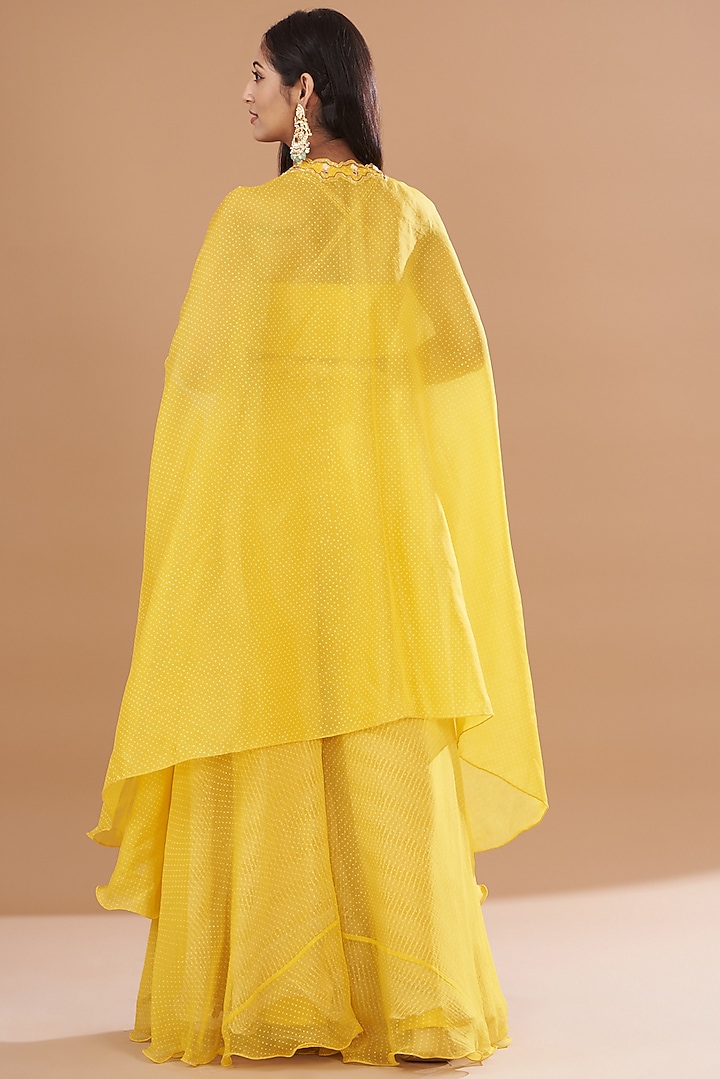 Yellow Organza & Raw Silk Embroidered Cape Set by Yashodhara at Pernia's Pop Up Shop