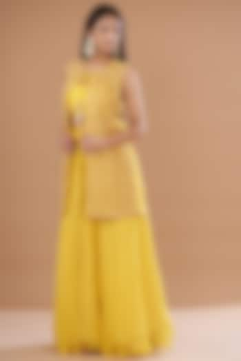 Yellow Organza & Raw Silk Embroidered Jacket Set by Yashodhara at Pernia's Pop Up Shop