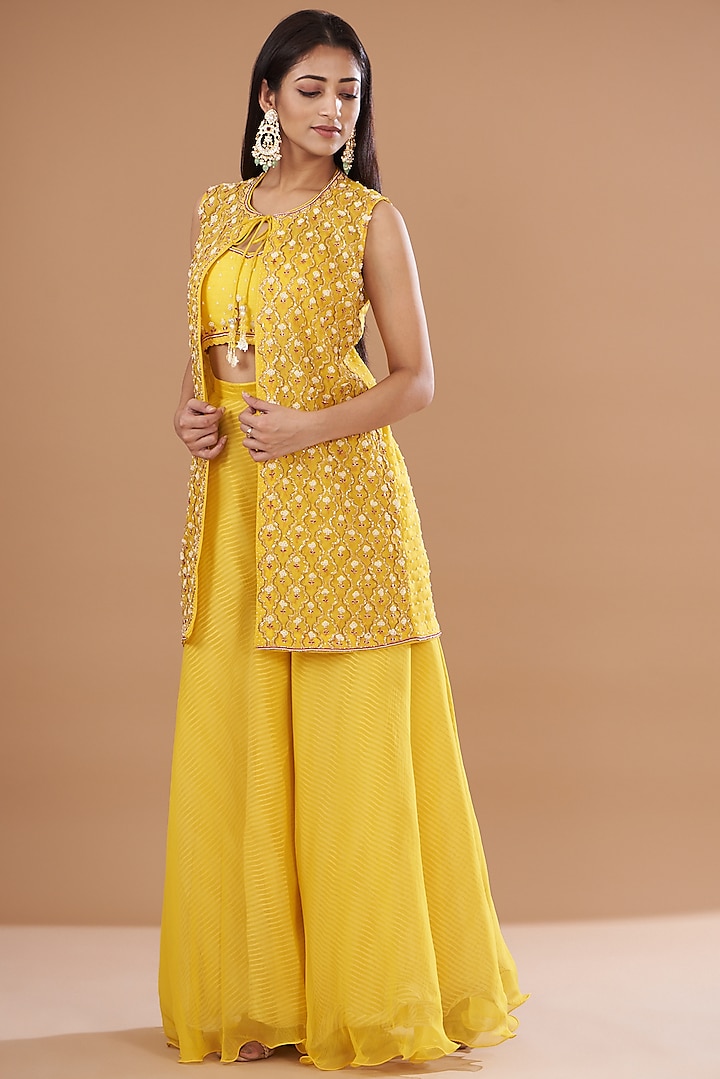 Yellow Organza & Raw Silk Embroidered Jacket Set by Yashodhara at Pernia's Pop Up Shop