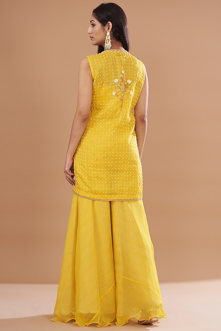 Yellow Organza & Raw Silk Embroidered Jacket Set by Yashodhara at Pernia's Pop Up Shop