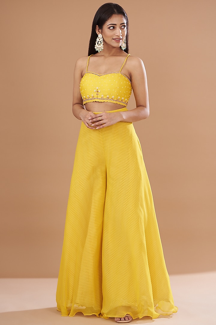 Yellow Organza & Raw Silk Embroidered Jacket Set by Yashodhara at Pernia's Pop Up Shop