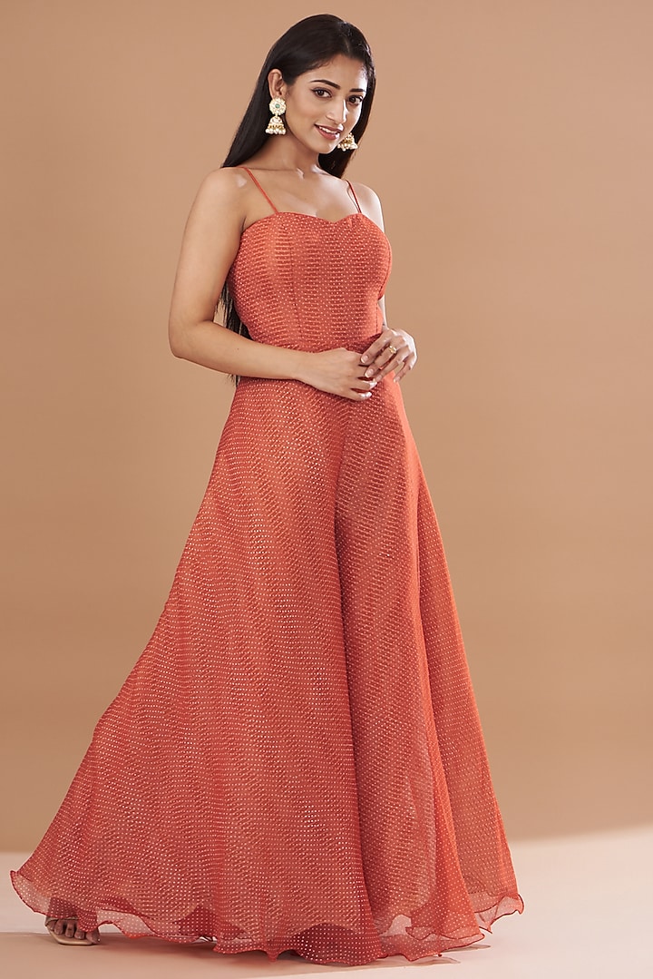 Red Organza & Chiffon Embroidered Jumpsuit With Shibori Cape by Yashodhara at Pernia's Pop Up Shop