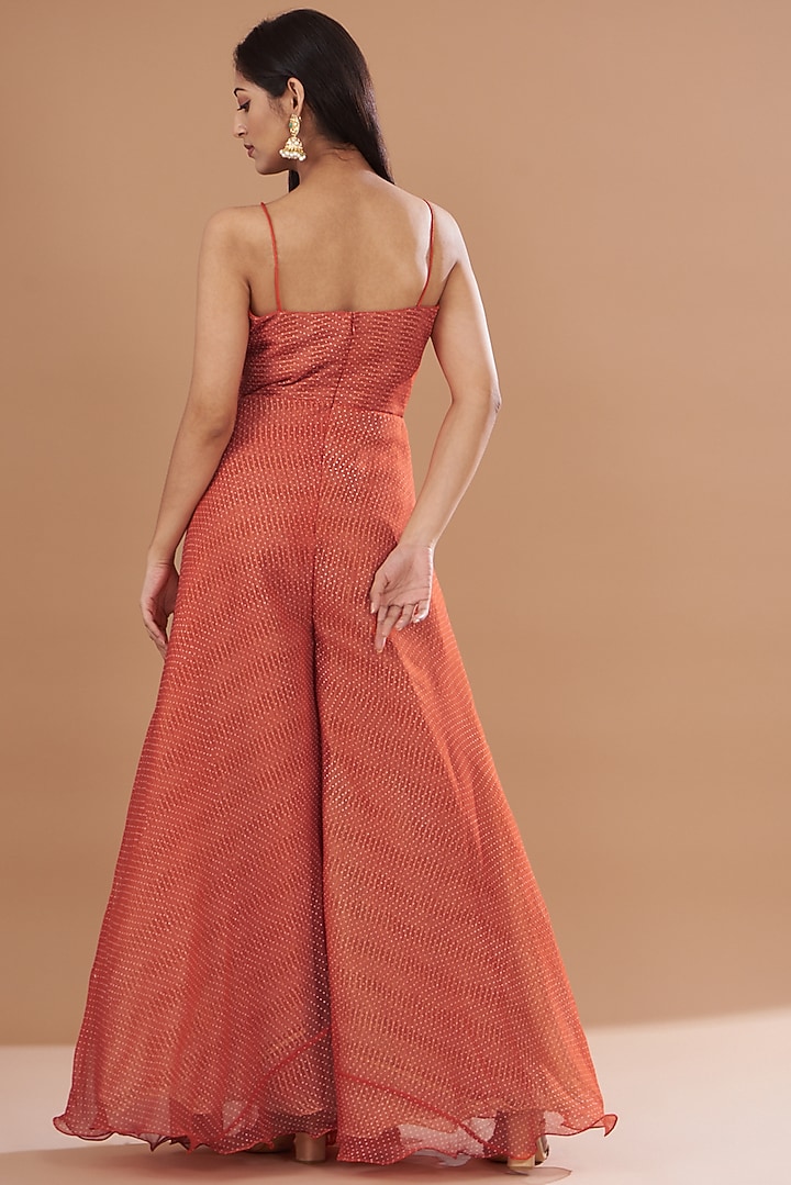 Red Organza & Chiffon Embroidered Jumpsuit With Shibori Cape by Yashodhara at Pernia's Pop Up Shop