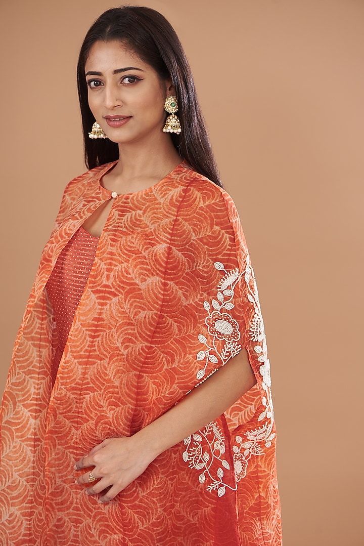 Red Organza & Chiffon Embroidered Jumpsuit With Shibori Cape by Yashodhara at Pernia's Pop Up Shop
