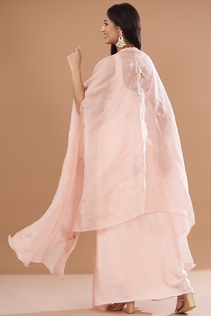 Blush Pink Organza & Raw Silk Embroidered Cape Set by Yashodhara at Pernia's Pop Up Shop