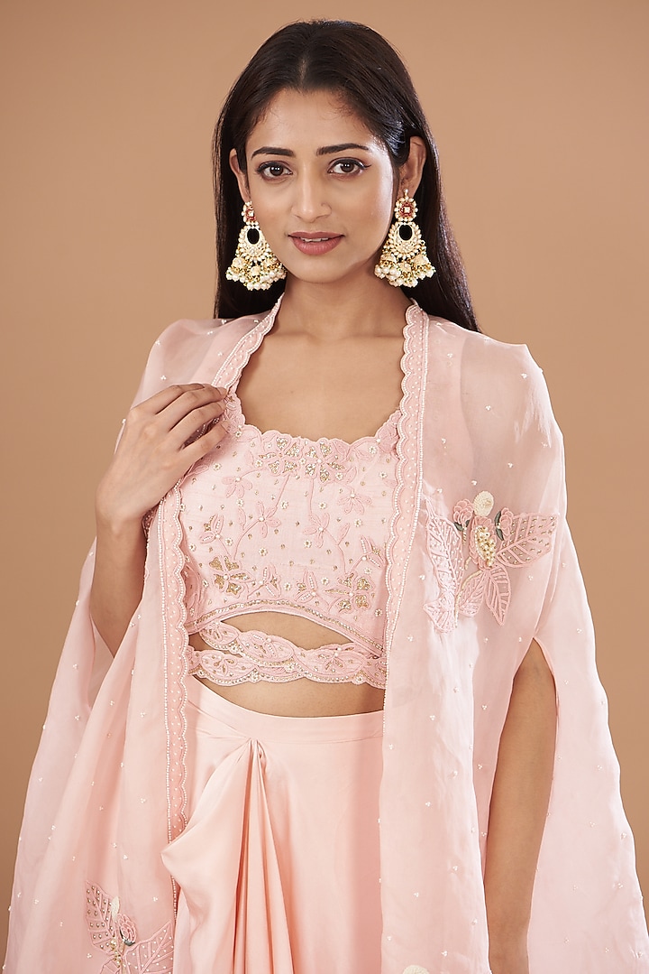 Blush Pink Organza & Raw Silk Embroidered Cape Set by Yashodhara at Pernia's Pop Up Shop
