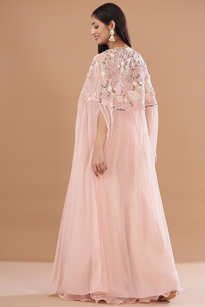 Blush Pink Organza & Raw Silk Embroidered Cape Set by Yashodhara at Pernia's Pop Up Shop
