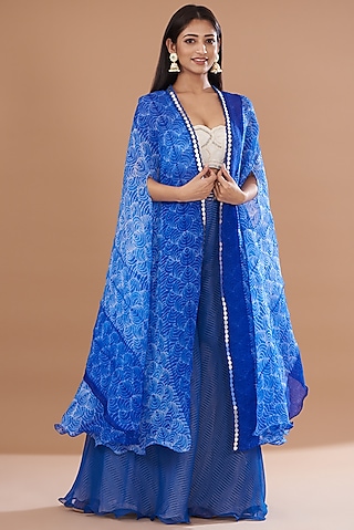Blue Organza & Raw Silk Shibori Cape Set by Yashodhara
