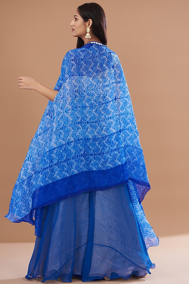 Blue Organza & Raw Silk Shibori Cape Set by Yashodhara at Pernia's Pop Up Shop