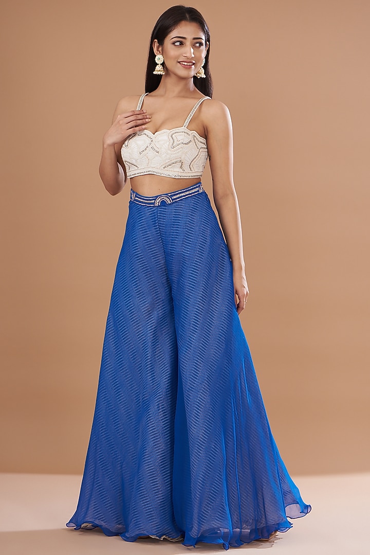 Blue Organza & Raw Silk Shibori Cape Set by Yashodhara at Pernia's Pop Up Shop