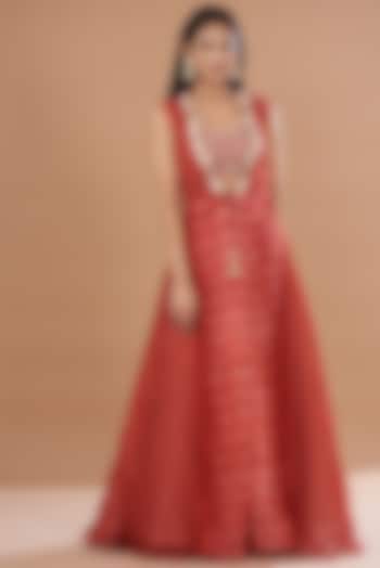 Red Organza & Raw Silk Shibori Jacket Set by Yashodhara at Pernia's Pop Up Shop
