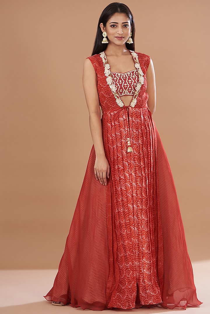 Red Organza & Raw Silk Shibori Jacket Set by Yashodhara at Pernia's Pop Up Shop