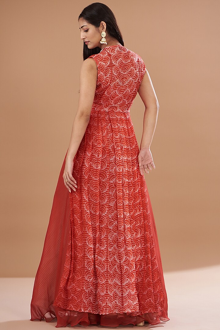 Red Organza & Raw Silk Shibori Jacket Set by Yashodhara at Pernia's Pop Up Shop