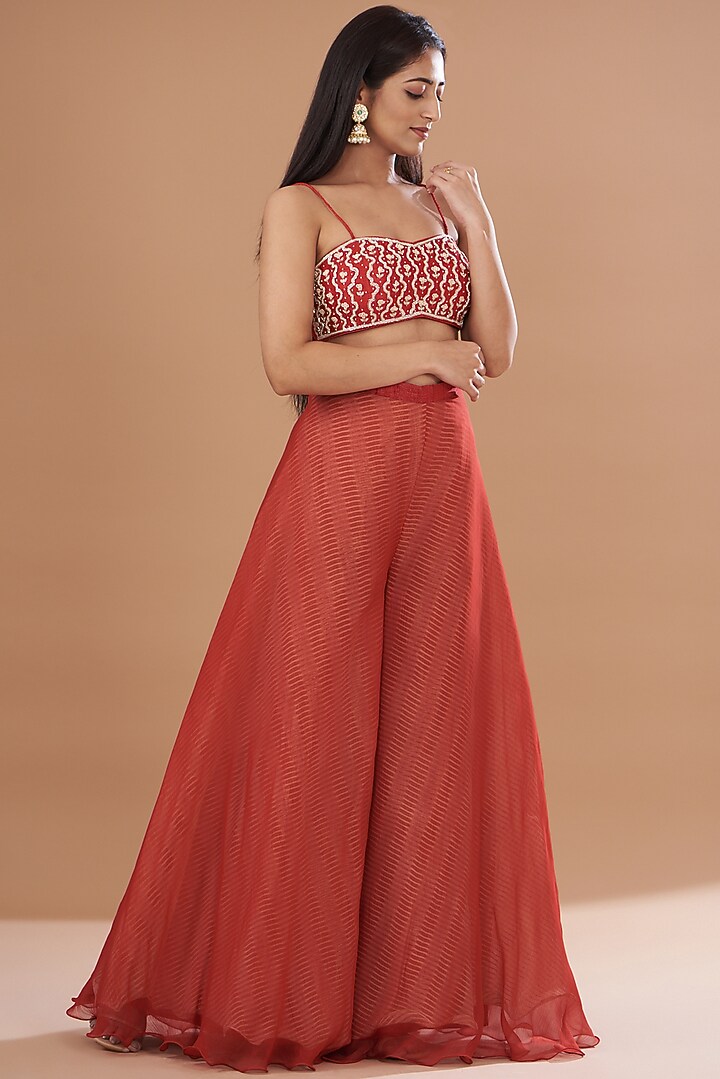 Red Organza & Raw Silk Shibori Jacket Set by Yashodhara at Pernia's Pop Up Shop