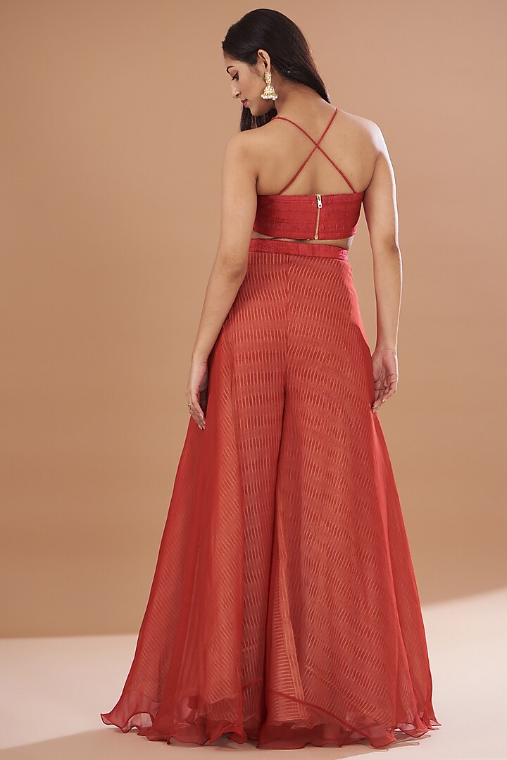 Red Organza & Raw Silk Shibori Jacket Set by Yashodhara at Pernia's Pop Up Shop